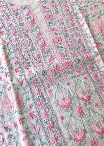 Firgun White Lucknowi Chikankari with Pink & Grey Work Mul Chanderi Unstitched Kurta & Dupatta Set
