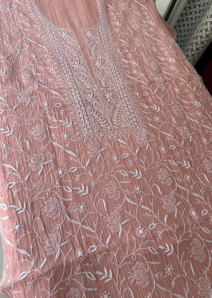 Firgun Peach Lucknowi Chikankari Mul Chanderi Unstitched Kurta & Dupatta Set