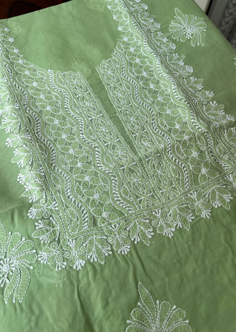 Firgun Pista Green Lucknowi Chikankari Cotton Unstitched Kurta