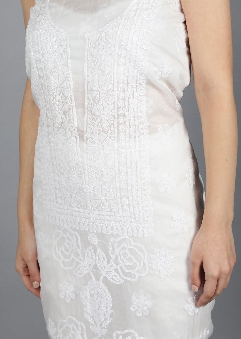 Firgun White Lucknowi Chikankari Organza Unstitched Kurta & Dupatta Set