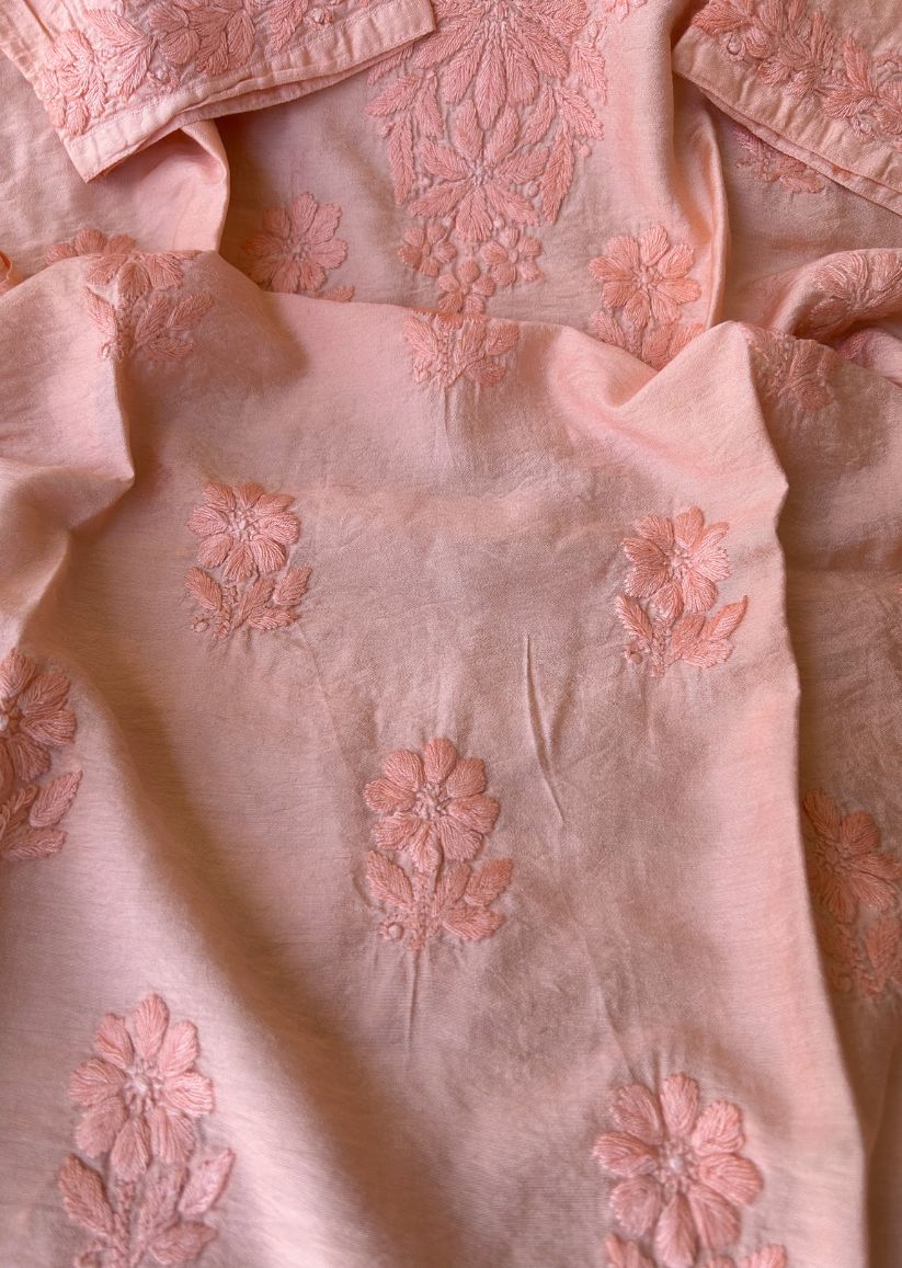 Firgun Orange Lucknowi Chikankari Chanderi Straight Kurta
