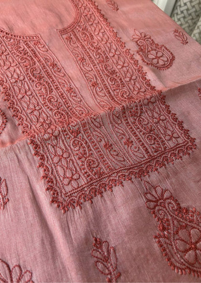 Firgun Maroon Lucknowi Chikankari Chanderi Silver Tissue Kurta Dupatta Set
