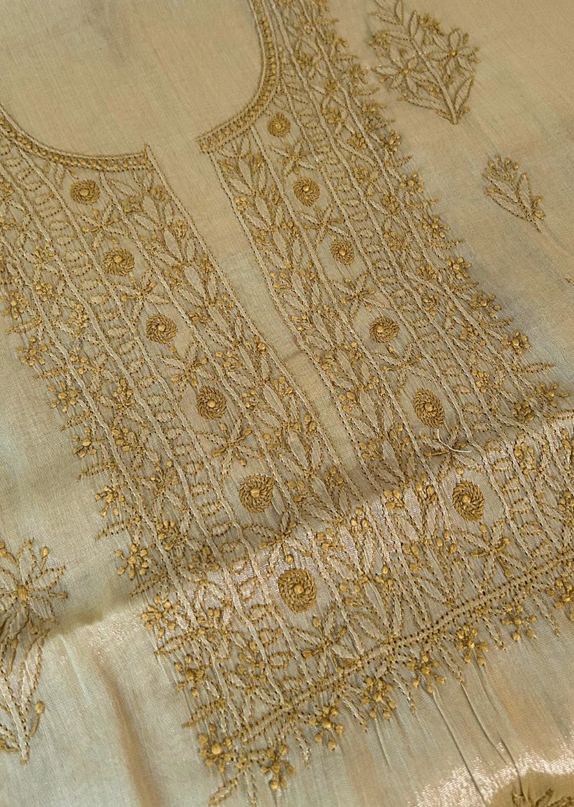 Firgun Mustard Lucknowi Chikankari Chanderi Silver Tissue Kurta Dupatta Set