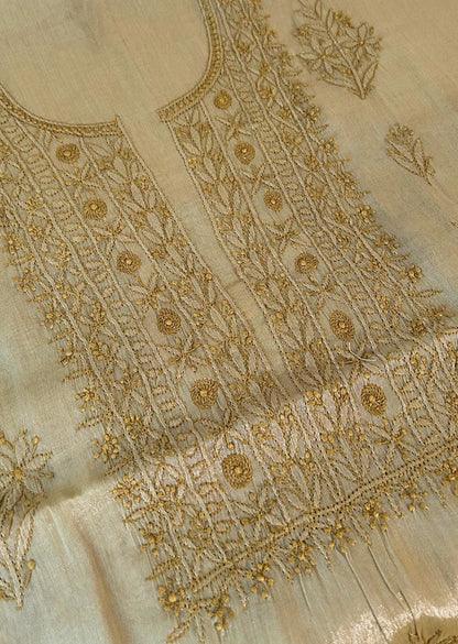 Firgun Mustard Lucknowi Chikankari Chanderi Silver Tissue Kurta Dupatta Set
