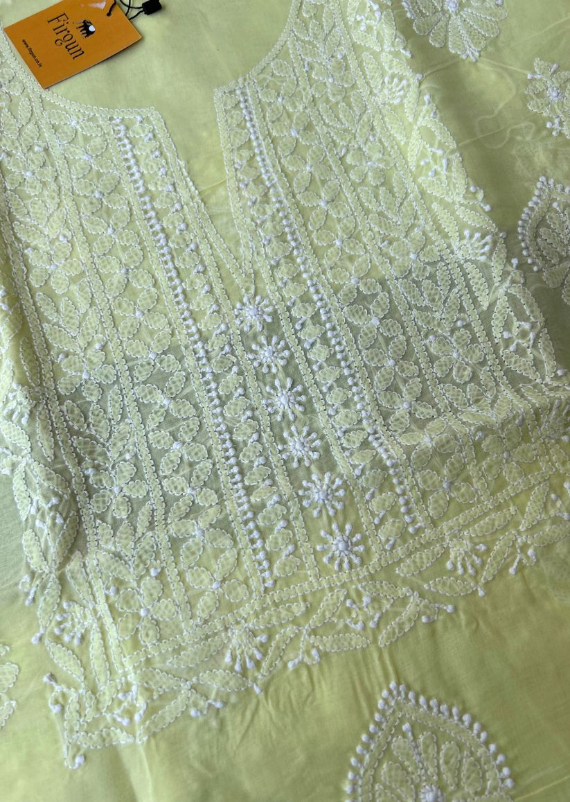 Firgun Lemon Lucknowi Chikankari Cotton Unstitched Kurta