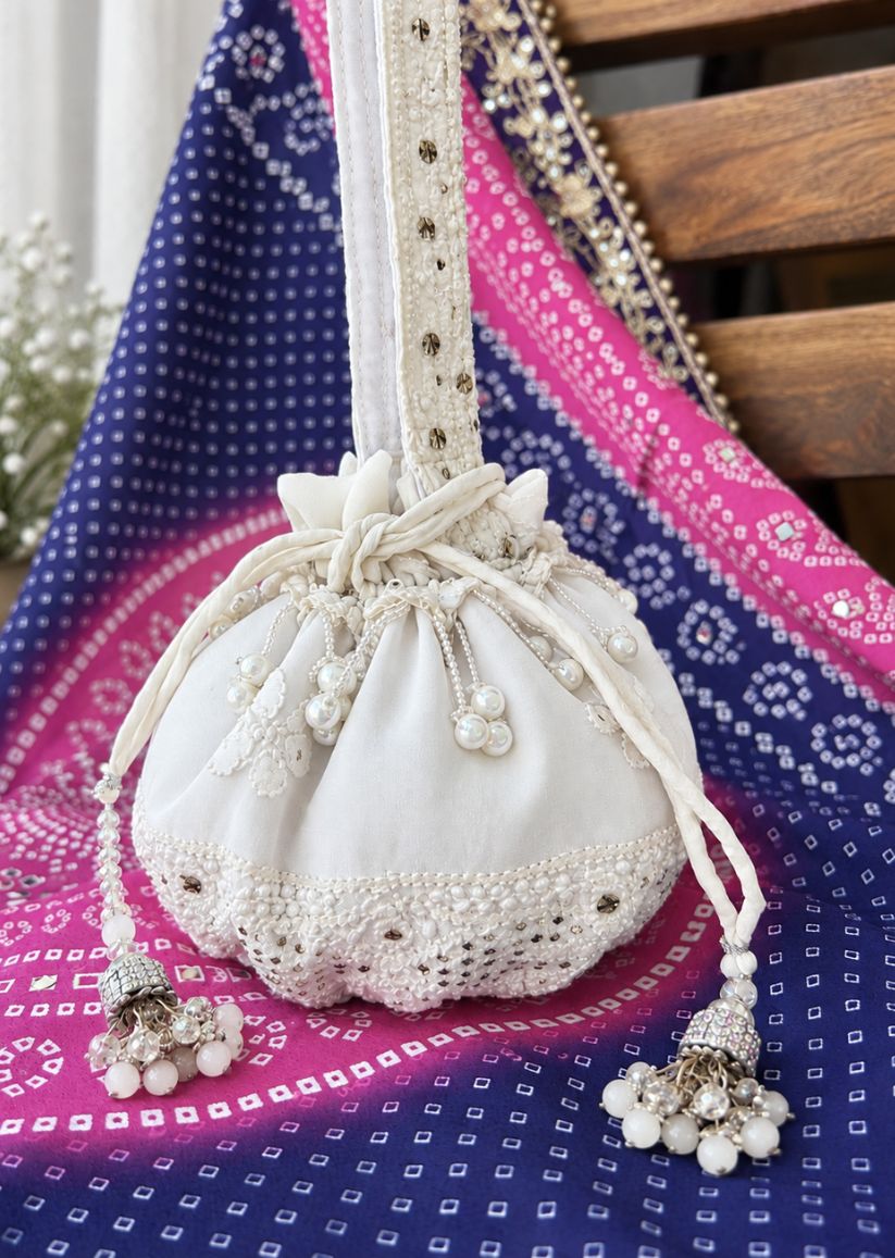 Firgun White Lucknowi Chikankari Viscose Georgette Small Potli Bag with Mukaish Work