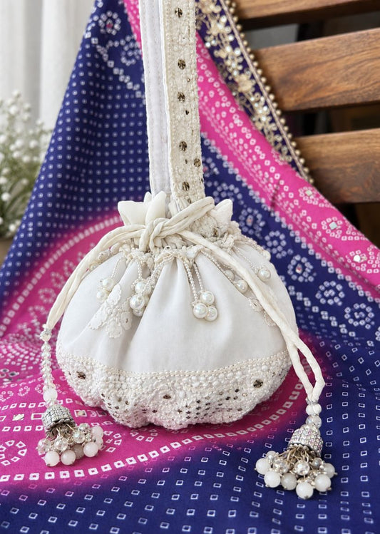Firgun White Lucknowi Chikankari Viscose Georgette Small Potli Bag with Mukaish Work
