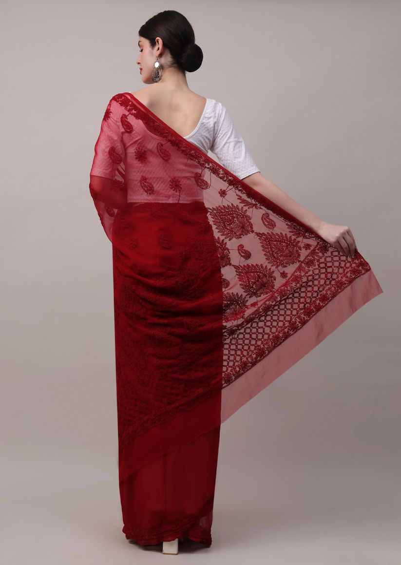 Firgun Lucknowi Chikankari Georgette Saree with Blouse Piece