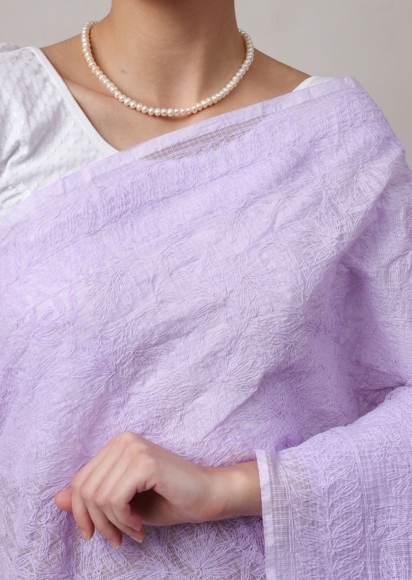 Firgun Lavender Lucknowi Chikankari Kota Doria Tepchi Work Saree with Blouse Piece