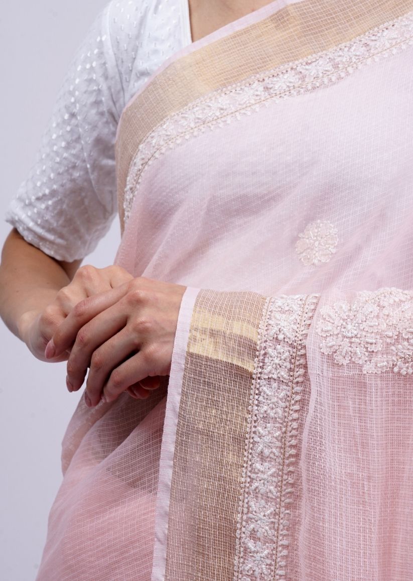 Firgun Peach Lucknowi Chikankari Kota Doria Saree with Unstitched Blouse Piece