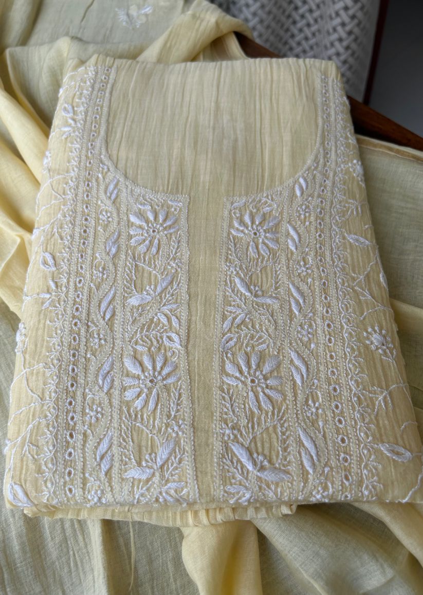 Firgun Pale Yellow Lucknowi Chikankari Mul Chanderi Unstitched Kurta & Dupatta Set