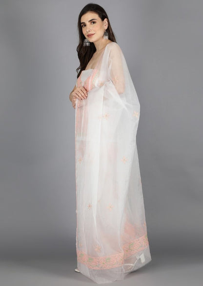Firgun White & Orange Lucknowi Chikankari Organza Unstitched Kurta & Dupatta Set