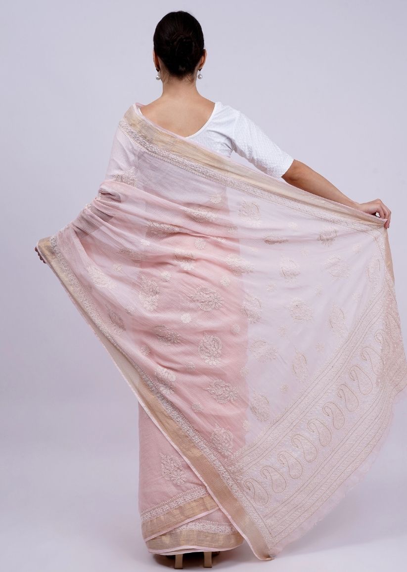 Firgun Peach Lucknowi Chikankari Kota Doria Saree with Unstitched Blouse Piece