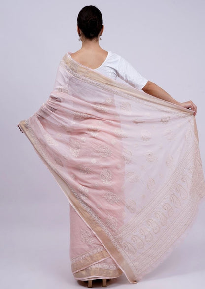 Firgun Peach Lucknowi Chikankari Kota Doria Saree with Unstitched Blouse Piece