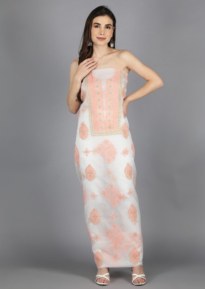 Firgun White & Orange Lucknowi Chikankari Organza Unstitched Kurta & Dupatta Set