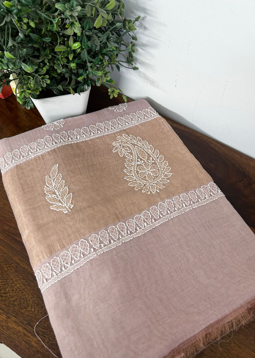 Firgun Rosy Brown Lucknowi Chikankari Mul Cotton Saree with Unstitched Blouse Piece
