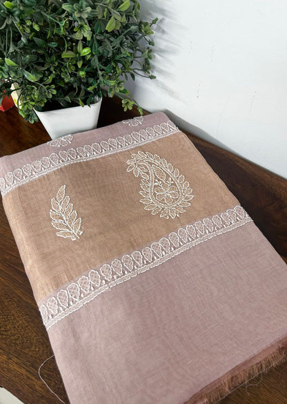Firgun Rosy Brown Lucknowi Chikankari Mul Cotton Saree with Unstitched Blouse Piece