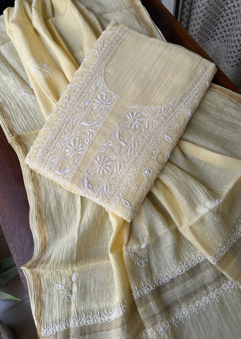 Firgun Pale Yellow Lucknowi Chikankari Mul Chanderi Unstitched Kurta & Dupatta Set