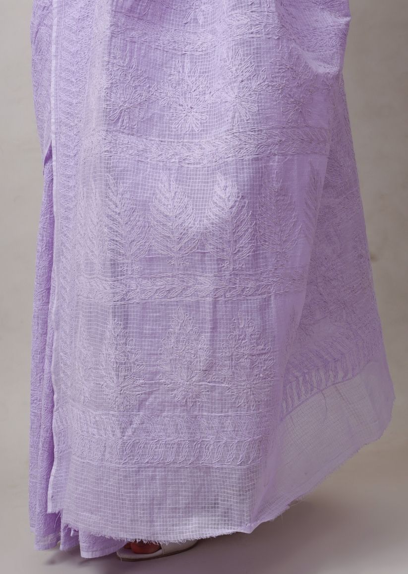 Firgun Lavender Lucknowi Chikankari Kota Doria Tepchi Work Saree with Blouse Piece