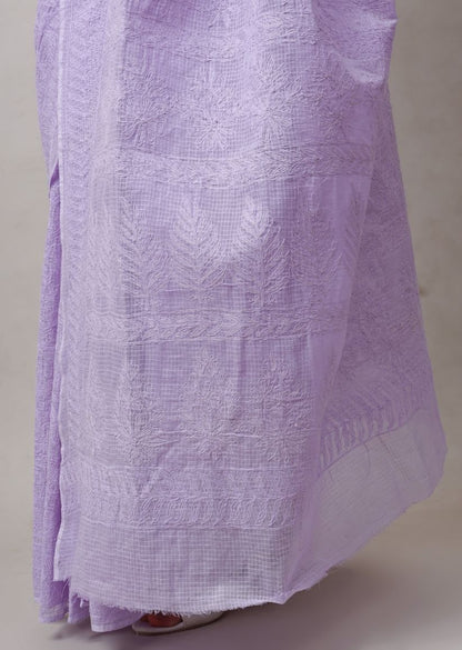 Firgun Lavender Lucknowi Chikankari Kota Doria Tepchi Work Saree with Blouse Piece