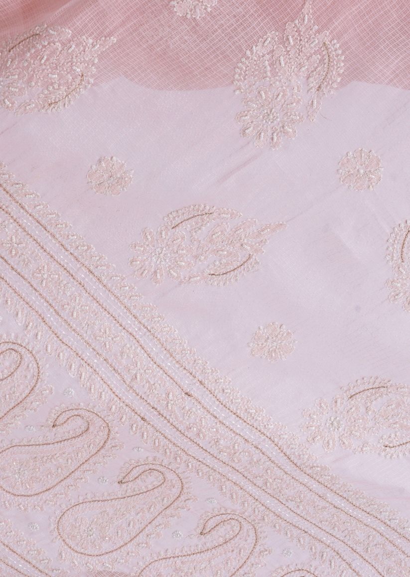 Firgun Peach Lucknowi Chikankari Kota Doria Saree with Unstitched Blouse Piece