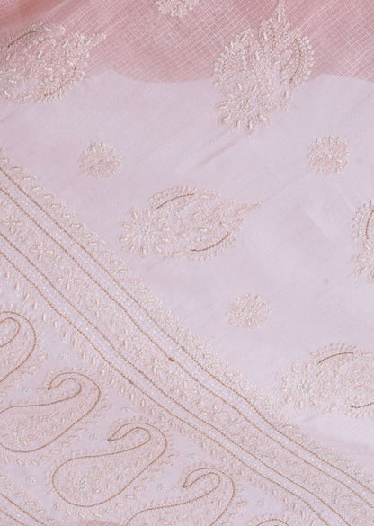 Firgun Peach Lucknowi Chikankari Kota Doria Saree with Unstitched Blouse Piece
