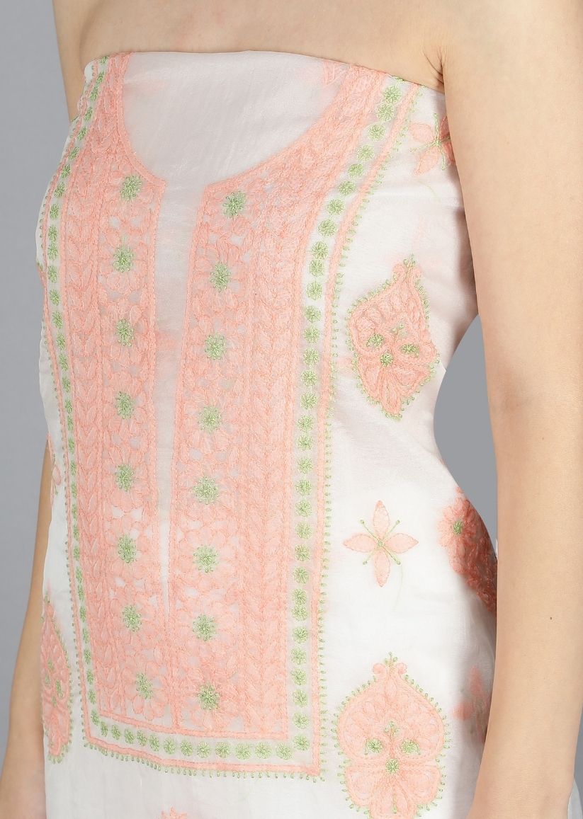 Firgun White & Orange Lucknowi Chikankari Organza Unstitched Kurta & Dupatta Set