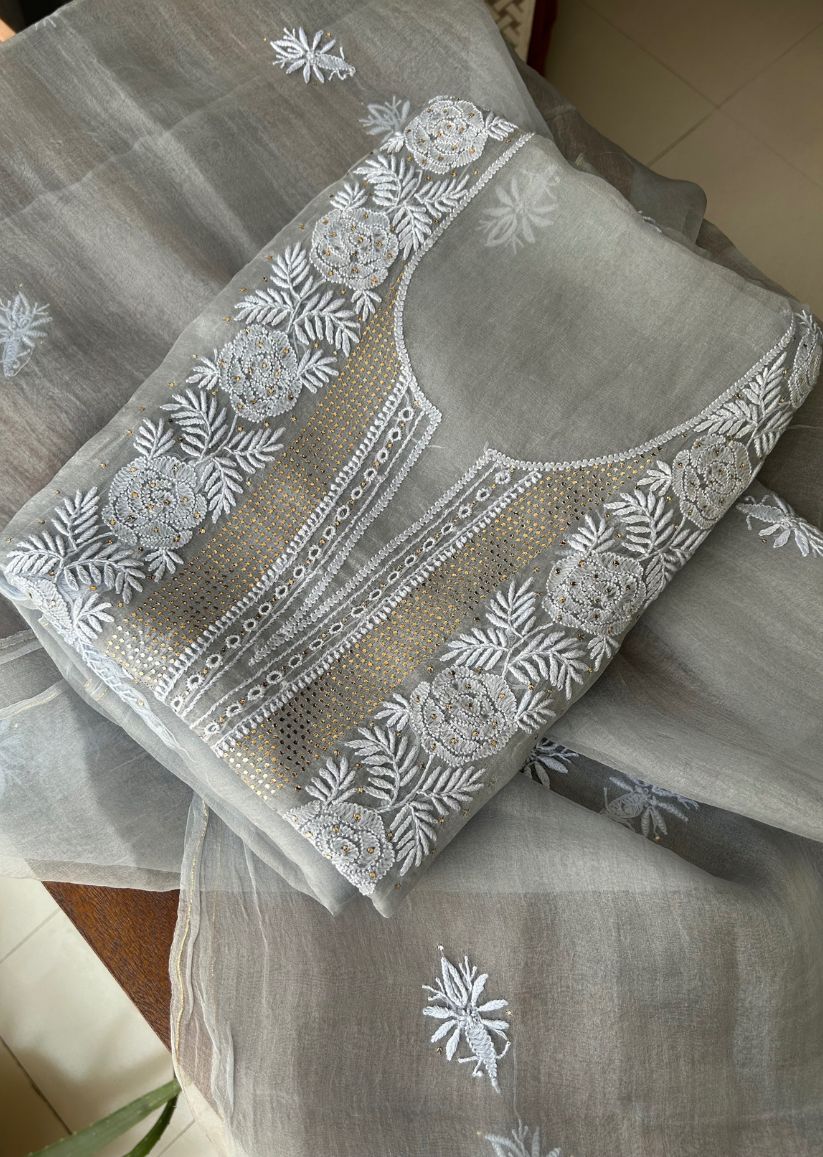 Firgun Grey Lucknowi Chikankari Pure Organza Unstitched Kurta & Dupatta Set