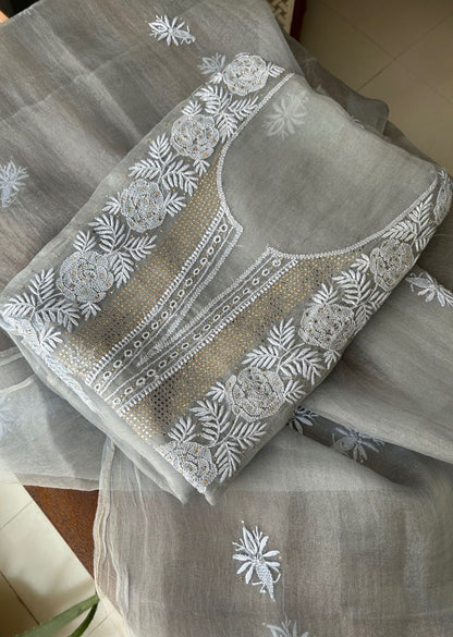 Firgun Grey Lucknowi Chikankari Pure Organza Unstitched Kurta & Dupatta Set