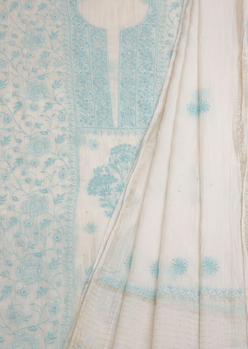 Firgun White & Turquoise Lucknowi Chikankari Mul Chanderi Unstitched Kurta & Dupatta Set