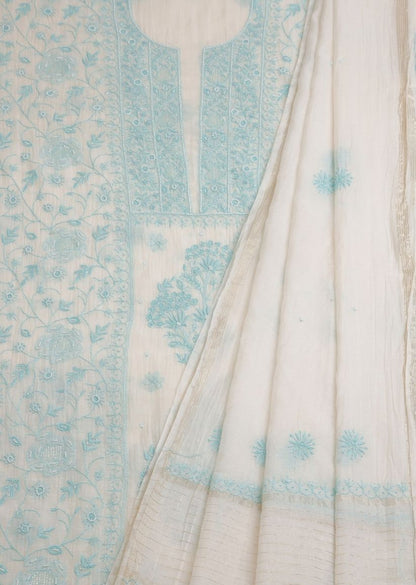 Firgun White & Turquoise Lucknowi Chikankari Mul Chanderi Unstitched Kurta & Dupatta Set