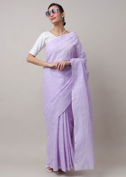 Firgun Lavender Lucknowi Chikankari Kota Doria Tepchi Work Saree with Blouse Piece