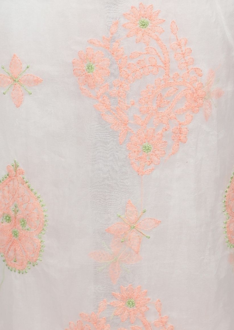 Firgun White & Orange Lucknowi Chikankari Organza Unstitched Kurta & Dupatta Set