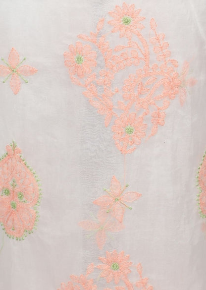Firgun White & Orange Lucknowi Chikankari Organza Unstitched Kurta & Dupatta Set
