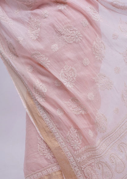 Firgun Peach Lucknowi Chikankari Kota Doria Saree with Unstitched Blouse Piece