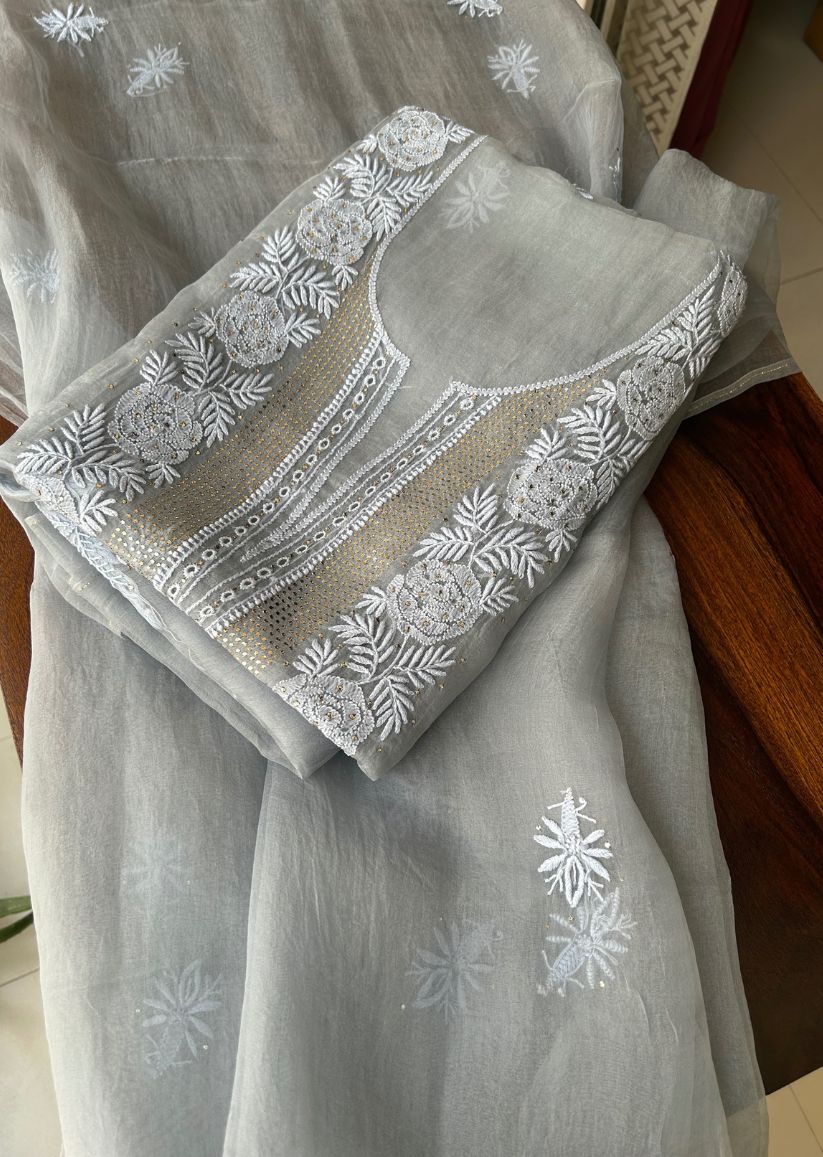 Firgun Grey Lucknowi Chikankari Pure Organza Unstitched Kurta & Dupatta Set