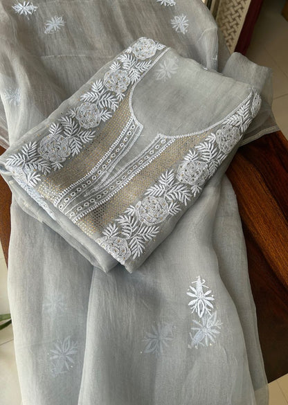 Firgun Grey Lucknowi Chikankari Pure Organza Unstitched Kurta & Dupatta Set