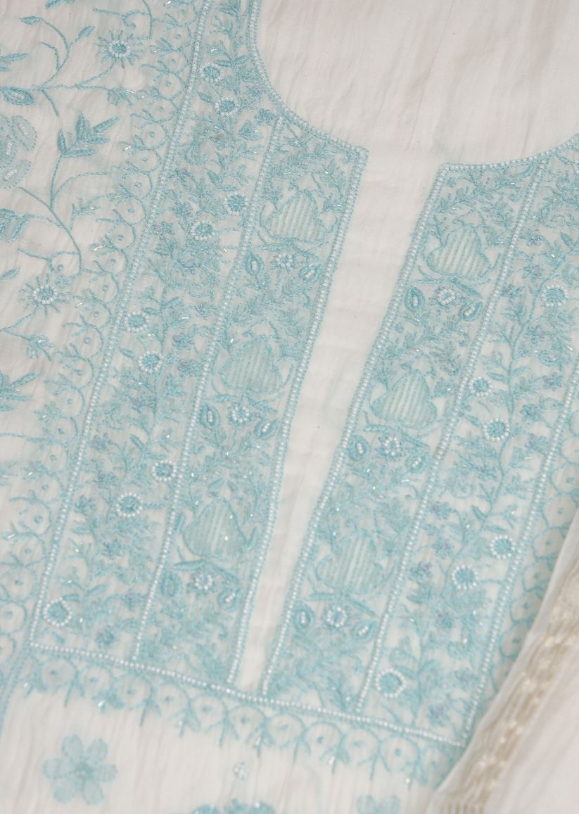 Firgun White & Turquoise Lucknowi Chikankari Mul Chanderi Unstitched Kurta & Dupatta Set