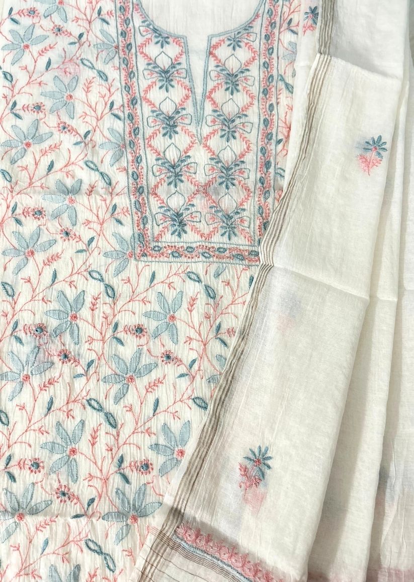 Firgun White Multi Colour Lucknowi Chikankari Mul Chanderi Unstitched Kurta & Dupatta Set