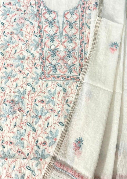 Firgun White Multi Colour Lucknowi Chikankari Mul Chanderi Unstitched Kurta & Dupatta Set