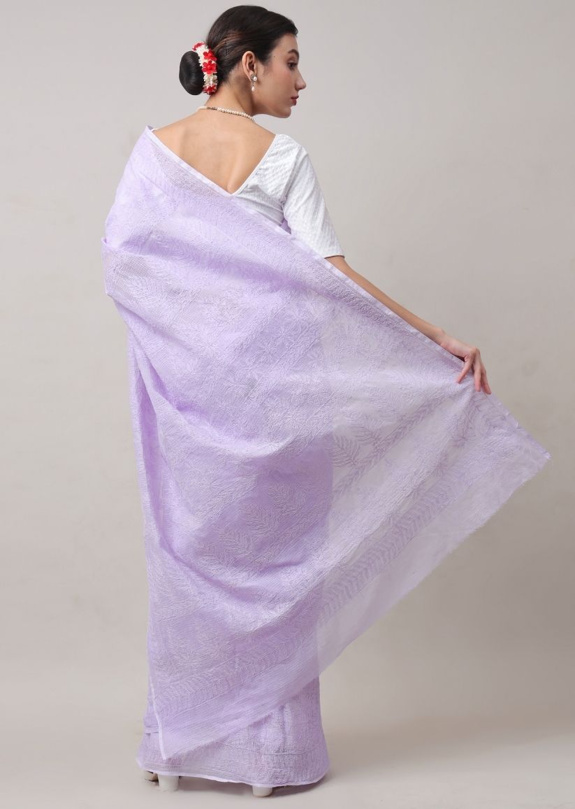 Firgun Lavender Lucknowi Chikankari Kota Doria Tepchi Work Saree with Blouse Piece