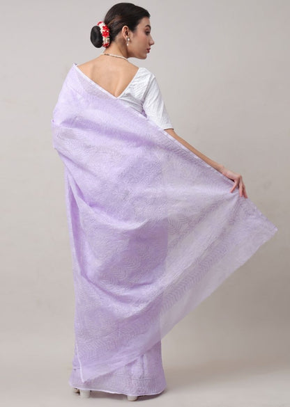 Firgun Lavender Lucknowi Chikankari Kota Doria Tepchi Work Saree with Blouse Piece