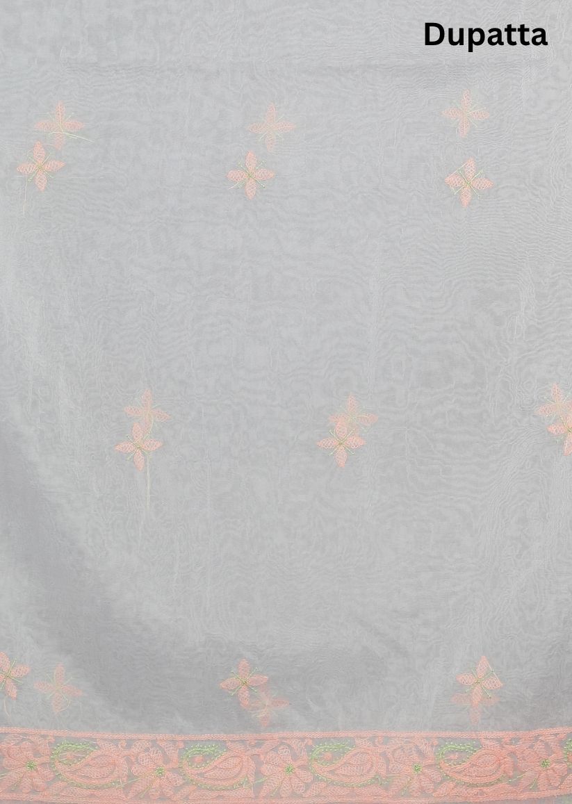 Firgun White & Orange Lucknowi Chikankari Organza Unstitched Kurta & Dupatta Set