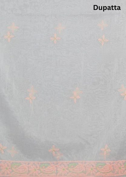 Firgun White & Orange Lucknowi Chikankari Organza Unstitched Kurta & Dupatta Set