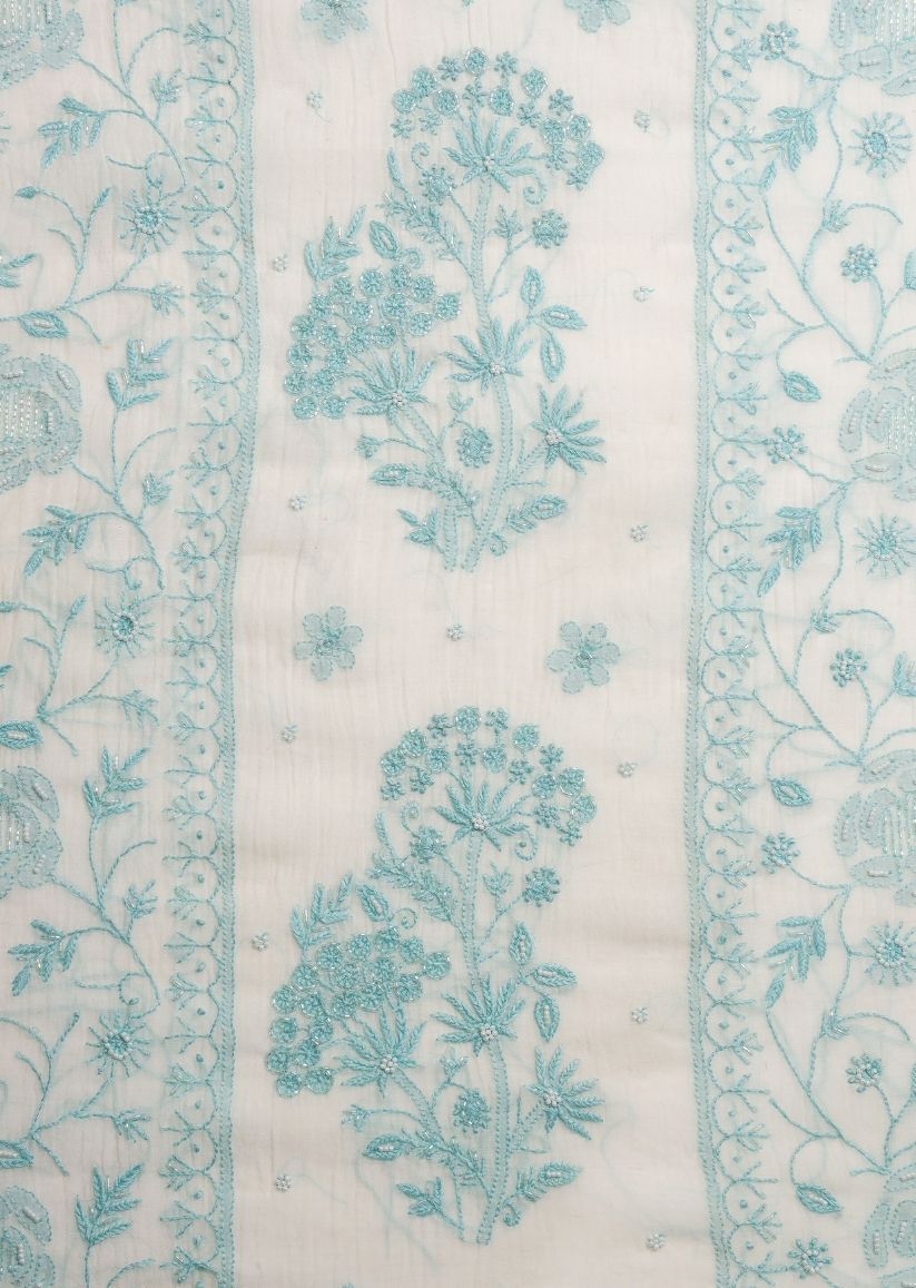 Firgun White & Turquoise Lucknowi Chikankari Mul Chanderi Unstitched Kurta & Dupatta Set