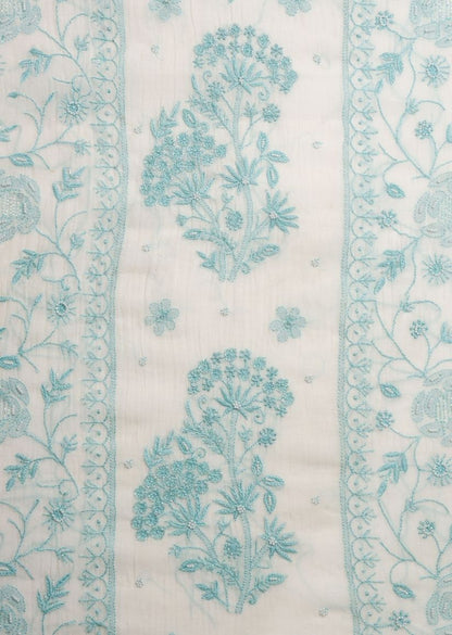 Firgun White & Turquoise Lucknowi Chikankari Mul Chanderi Unstitched Kurta & Dupatta Set