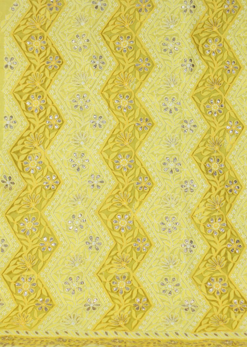 Firgun Yellow Lucknowi Chikankari & Gotapatti Cotton Unstitched Kurta