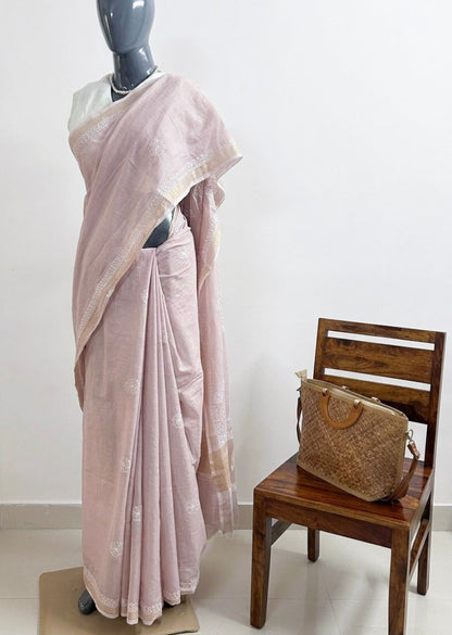 Firgun Rosy Brown Lucknowi Chikankari Mul Cotton Saree with Unstitched Blouse Piece
