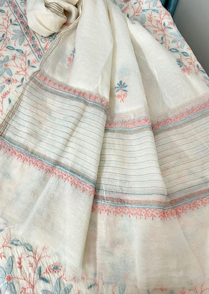 Firgun White Multi Colour Lucknowi Chikankari Mul Chanderi Unstitched Kurta & Dupatta Set