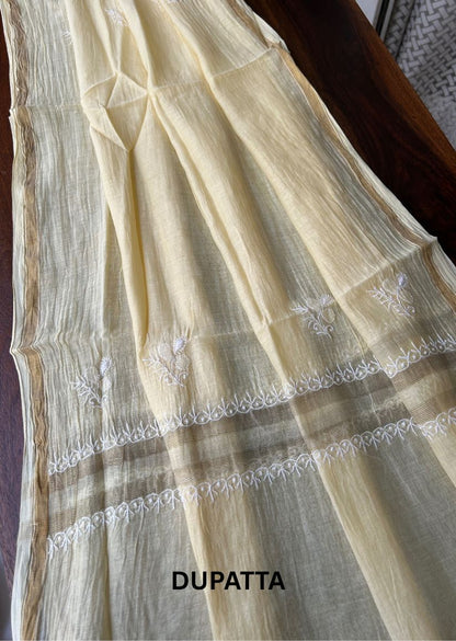 Firgun Pale Yellow Lucknowi Chikankari Mul Chanderi Unstitched Kurta & Dupatta Set